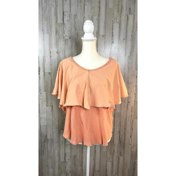 Free People Women's Medium‎ Girl Talk Ruffle Linen Blend Top Sunny Peach Blouse - Picture 2 of 6